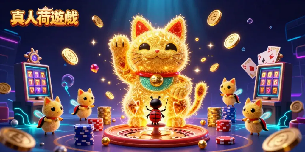 Engage in 真人荷官遊戲 with golden fireflies and casino elements in a vibrant 3D illustration.