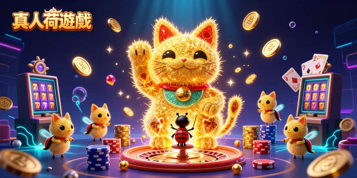 Engage in 真人荷官遊戲 with golden fireflies and casino elements in a vibrant 3D illustration.