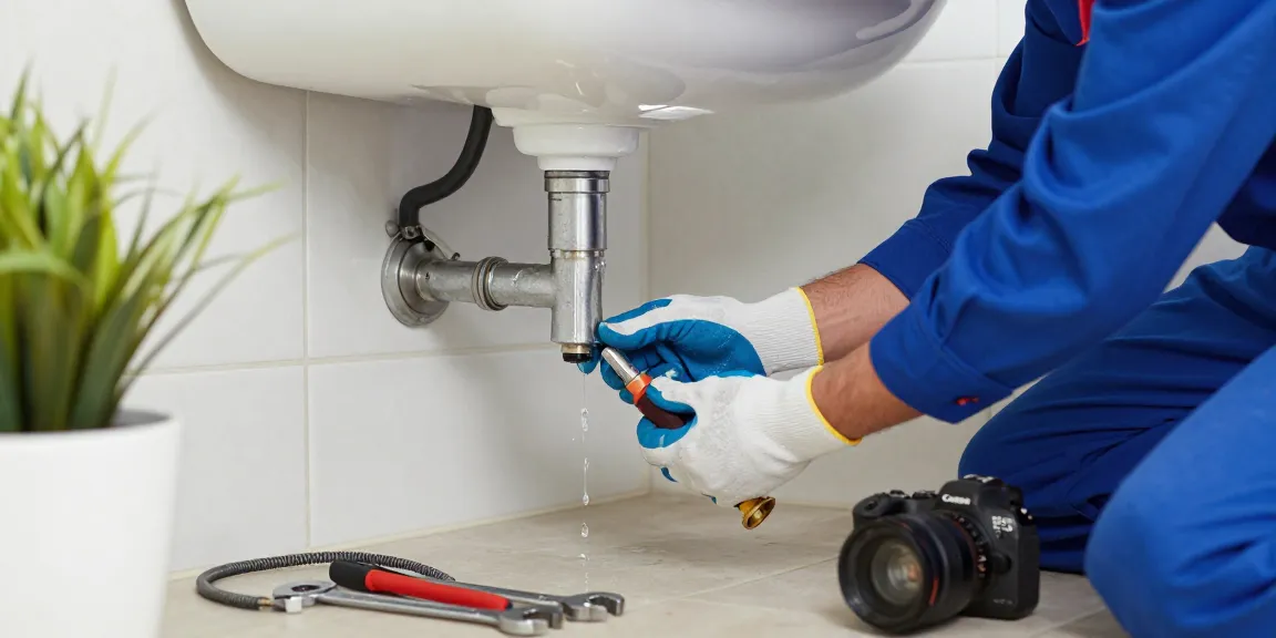 Plumbing repair expert fixing a faucet in a residential bathroom setting.