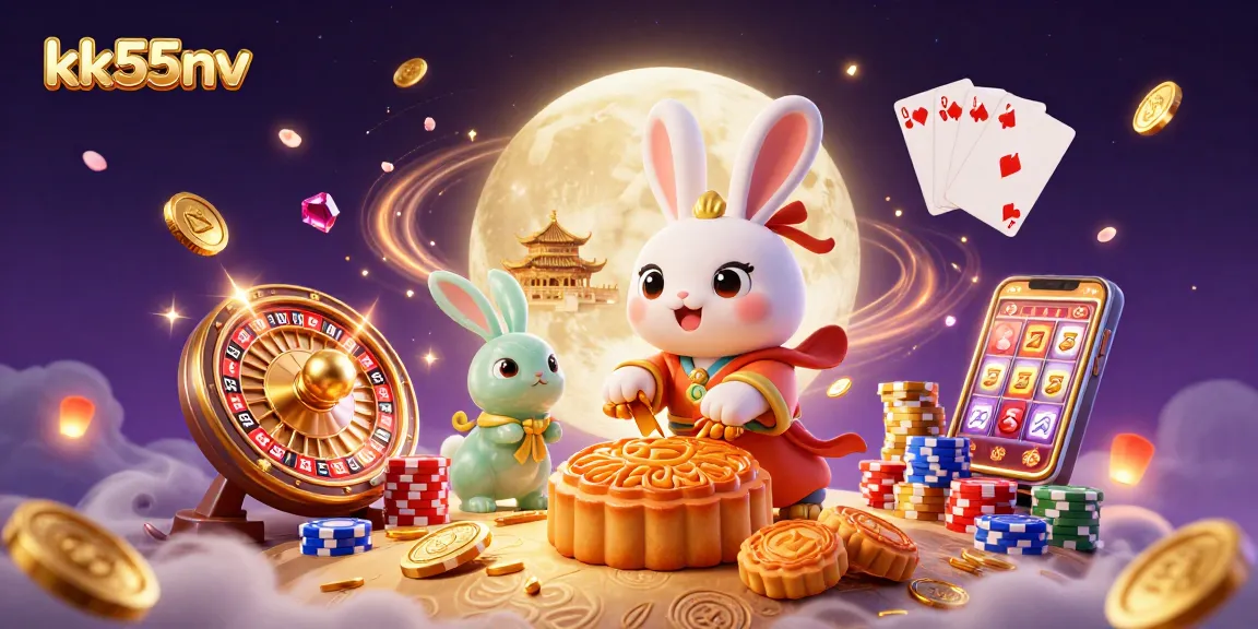 kk55nv captures a moon rabbit themed casino adventure with poker chips and vibrant games.