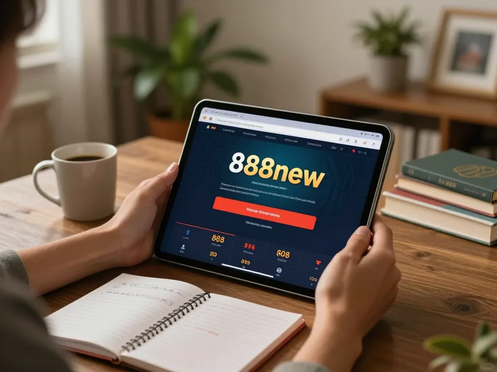 Person using 888new on a tablet in a cozy home setting, showcasing online gambling.