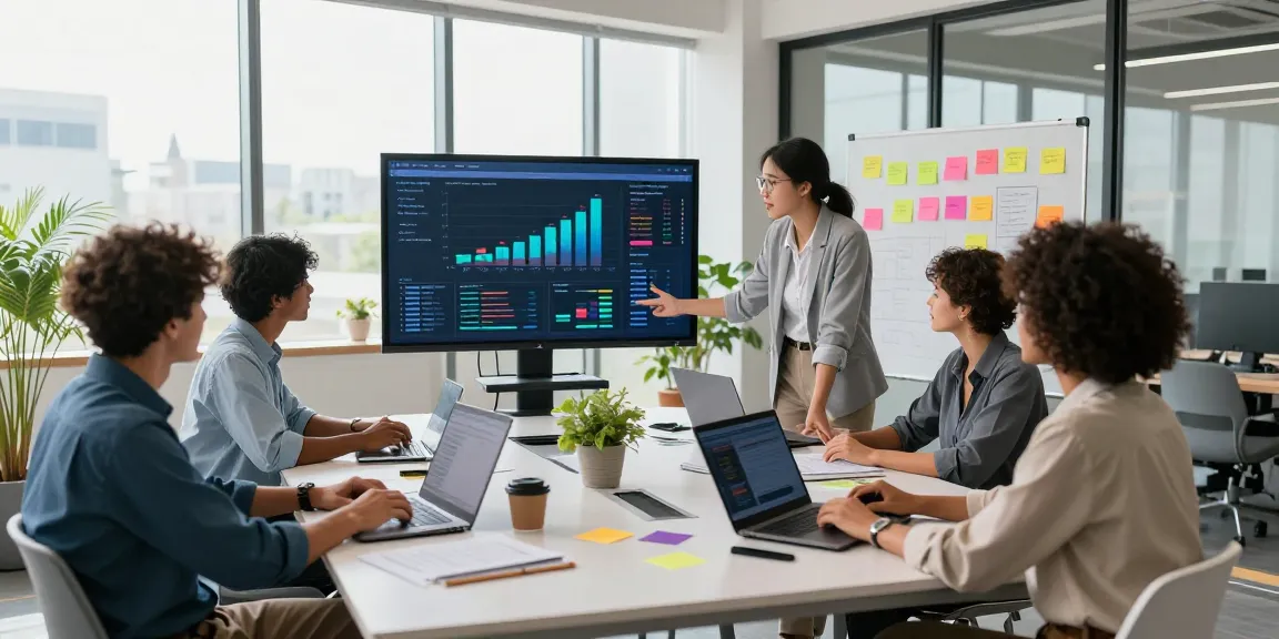 Business IT support londor team collaborating with technology and analytics in a vibrant office.