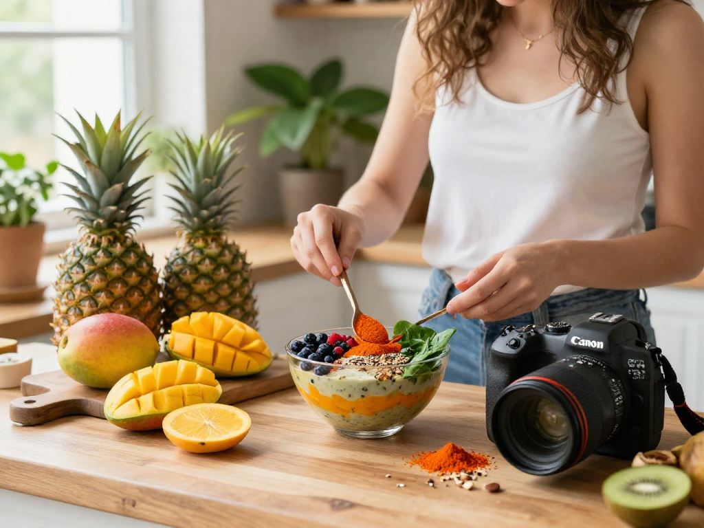 A young woman blending ingredients rich in astaxanthin in a bright kitchen, surrounded by fresh tropical fruits and vibrant greens.