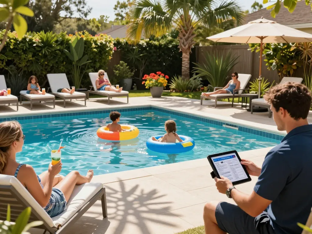 Dolphin Pool Services ensuring a joyful family moment by a sparkling pool with professional maintenance in the background.