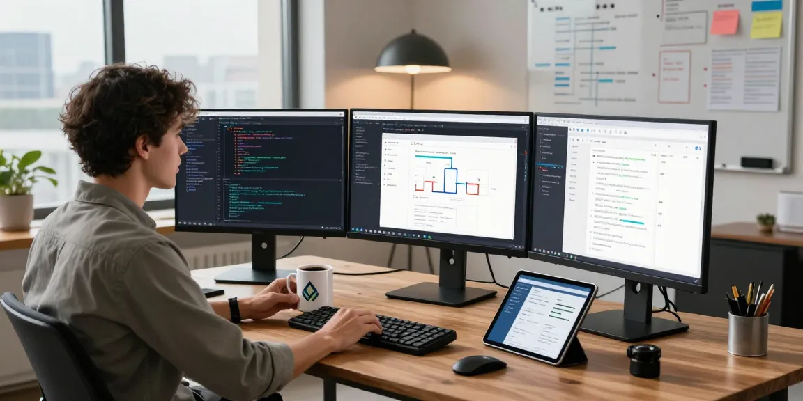 Frontend development with React in a modern workspace with coding screens and collaborative notes.