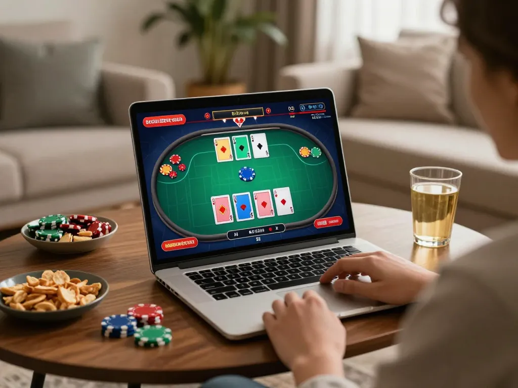 Engage in Poker Uang Asli Dominobet with an online game setup featuring cards and chips at home