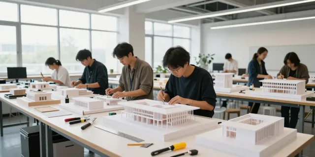 Präzise Architektur Modellbau Stuttgart in moderner Werkstatt mit kreativen Handwerkern.