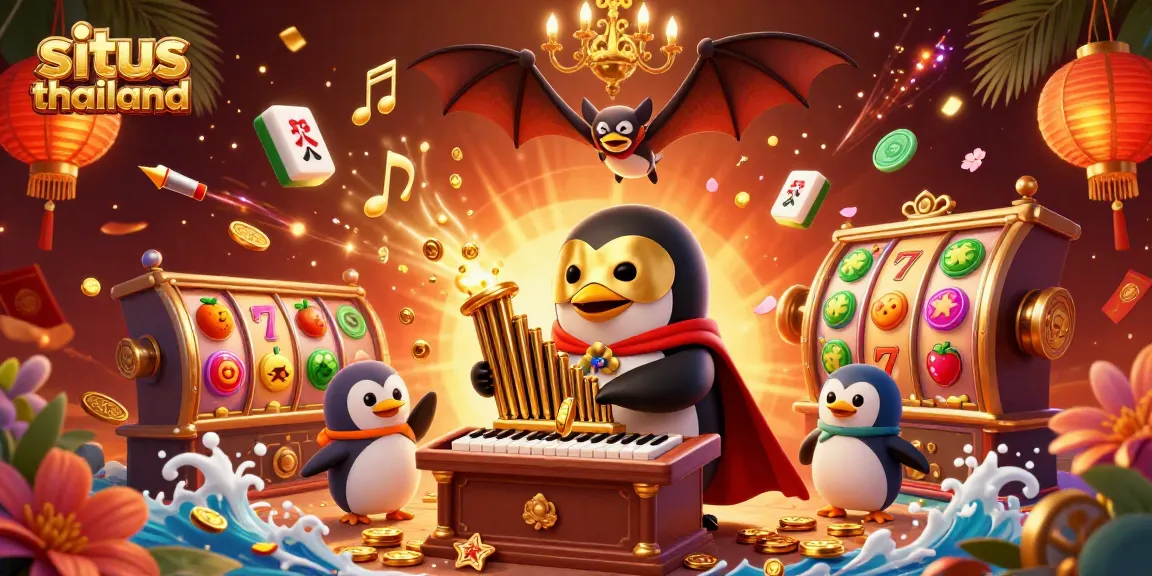 Situs Thailand showcases dynamic gameplay with a penguin organist and floating slot reels, symbols of online gaming excitement.