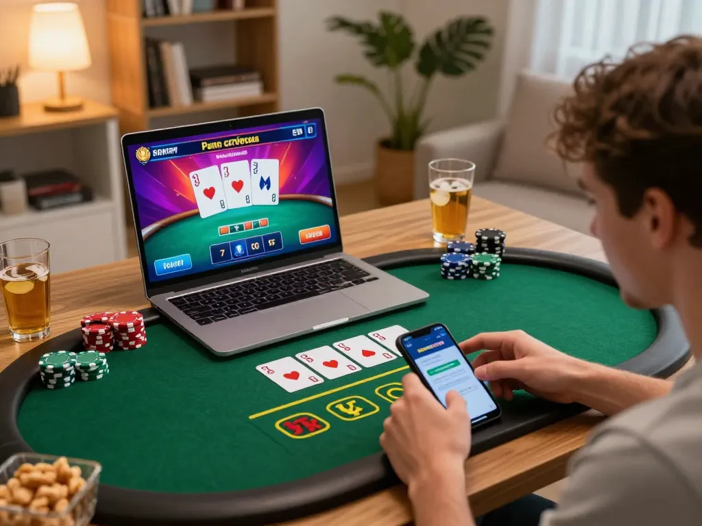 Player engaging with samsonbet86 app on a laptop and smartphone during a lively online casino session.