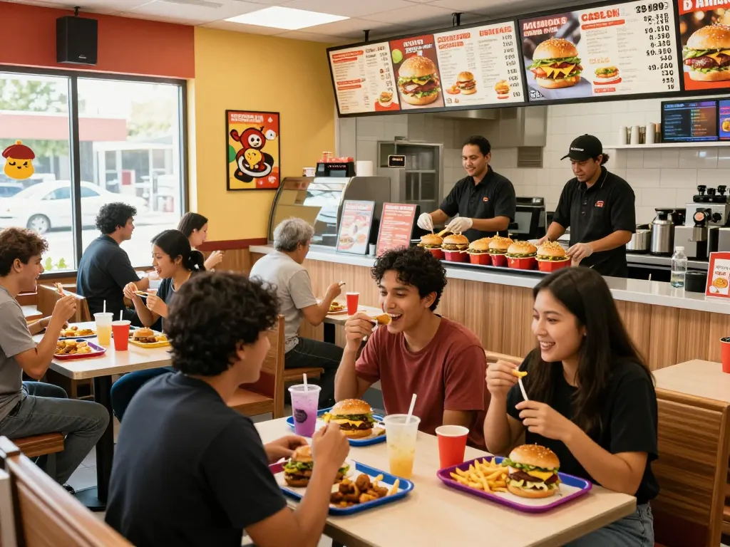 Fast food prices menu displayed in a bustling restaurant filled with happy customers enjoying their meals.