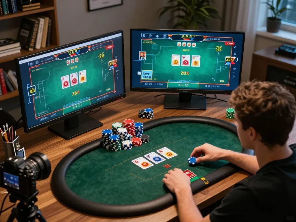 Player strategizing in an intense mm88 online poker game with multiple screens and gaming setup.