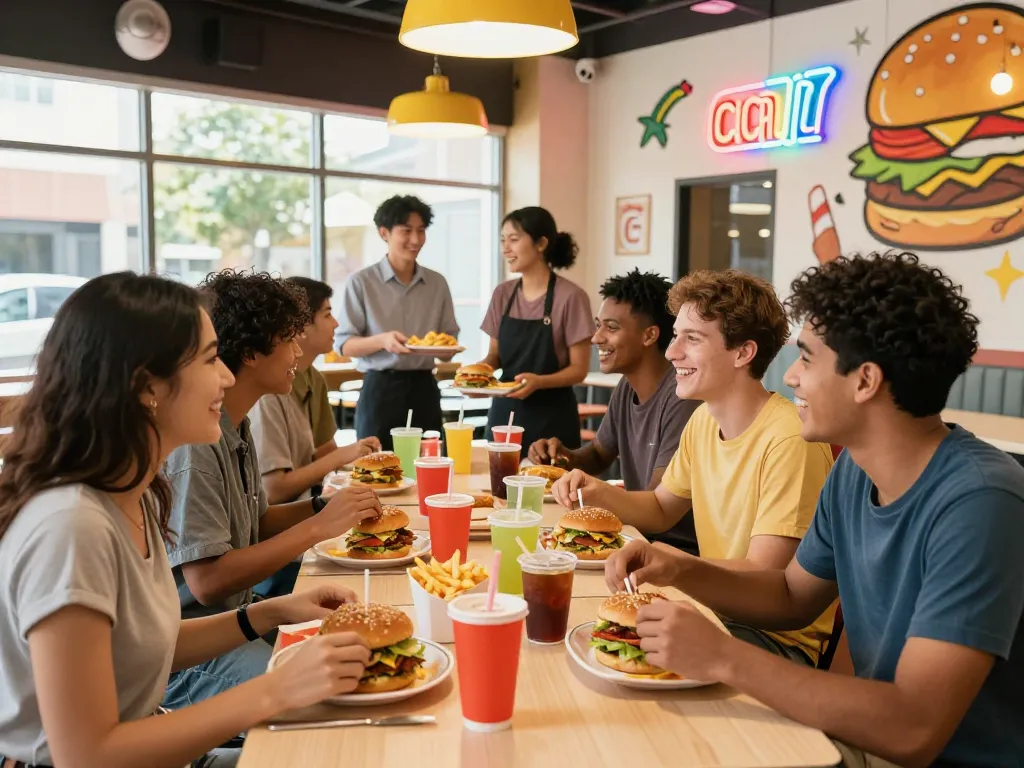 Friends enjoying fast food prices at a colorful restaurant highlighting burgers and fries