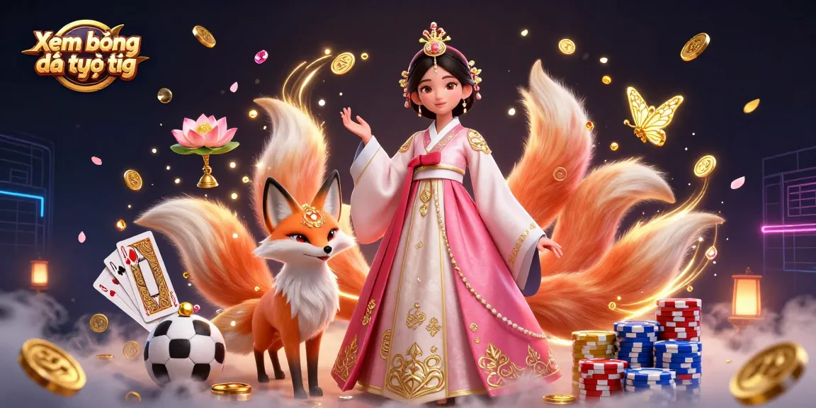 Xem bóng đá trực tiếp with dynamic gaming elements including sports balls and a lucky fox, showcasing vibrant 3D illustration.