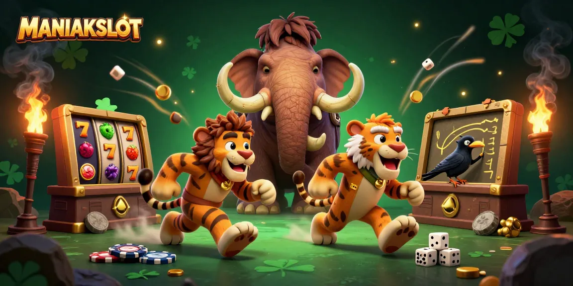 Engage with MANIAKSLOT in a vibrant casino scene featuring a playful caveman duo and a clever crow!