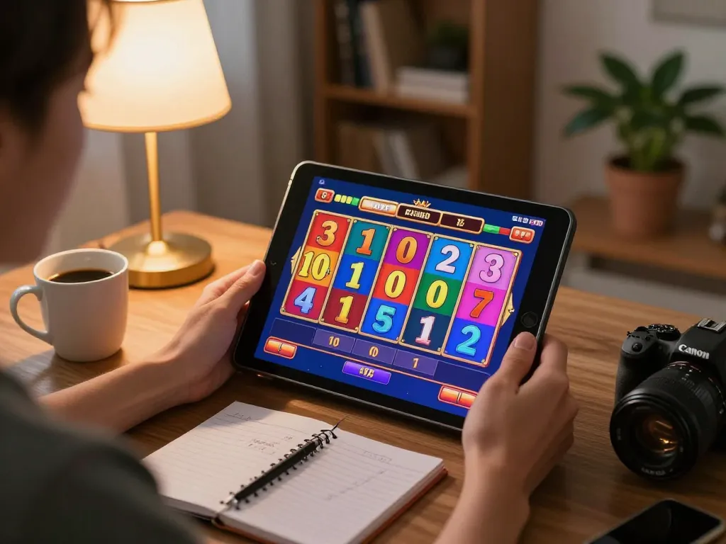 Engaging in slot online gameplay on a tablet with warm home ambiance and strategic notes.