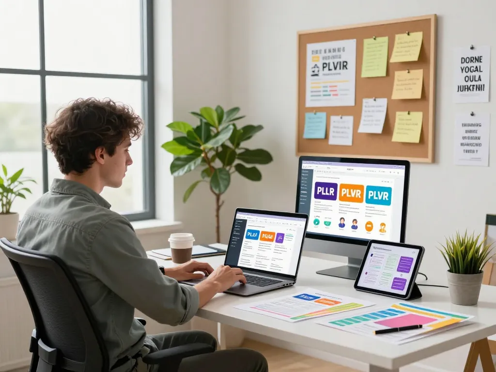 Entrepreneur engaging with PLR Digital Products for Sale in a modern home office filled with creative marketing materials.