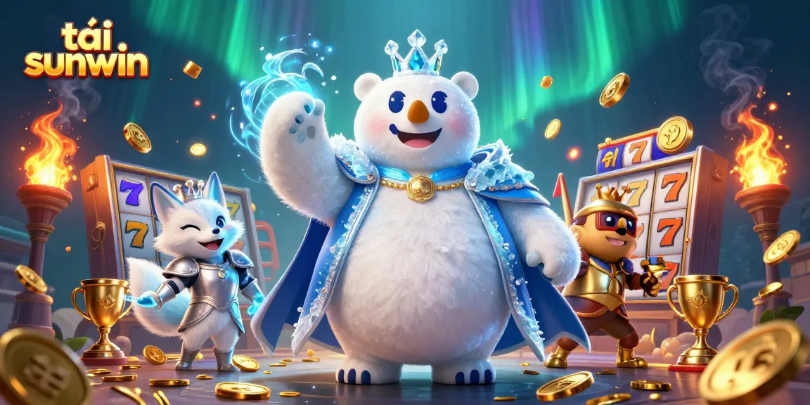 Spin and win big with tải sunwin featuring a playful polar bear and fox amid dazzling slot elements.