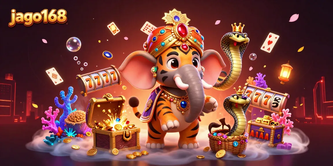 Experience the thrill of jago168 with a lively tiger and elephant amidst rich gaming elements.