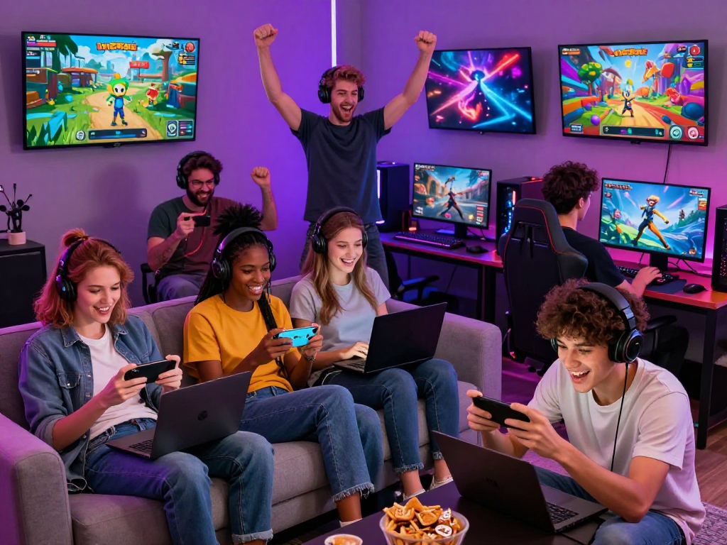 Engaged gamers enjoying popular porngames on various devices, showcasing the community experience.