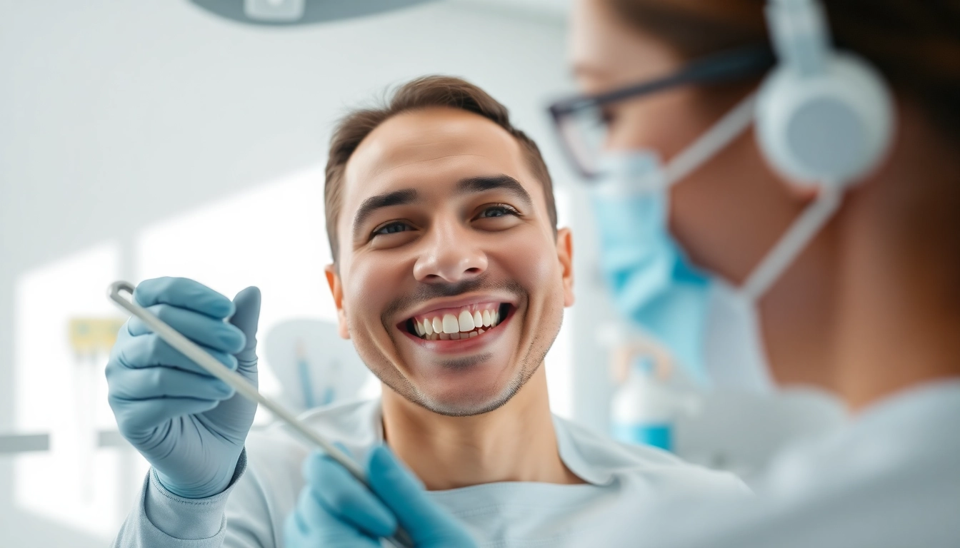 Smiling patient at newsmilelife dental clinic showcasing a relaxed atmosphere with a professional backdrop.