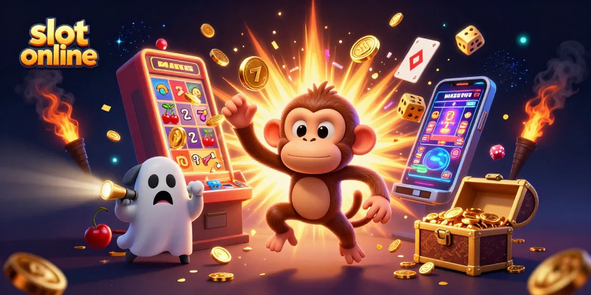 Engage with slot online excitement as a playful poltergeist monkey juggles winnings in a dazzling casino scene.