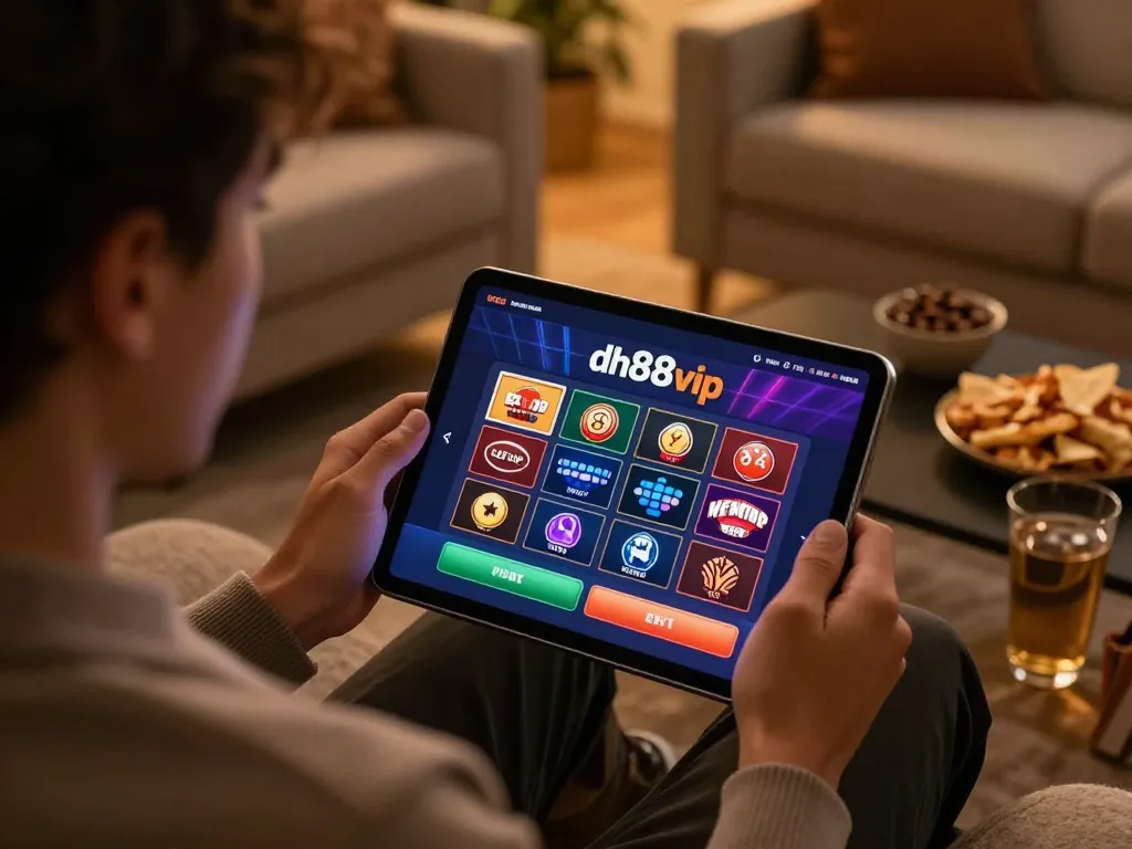 Player engaging with the dh88vip app for online casino gaming, showcasing a cozy home atmosphere.