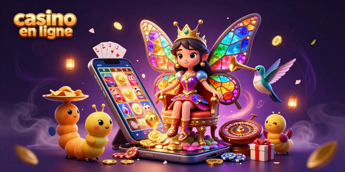 Jouez sur un casino en ligne avec une reine papillon et des éléments de jeux d'argent colorés.