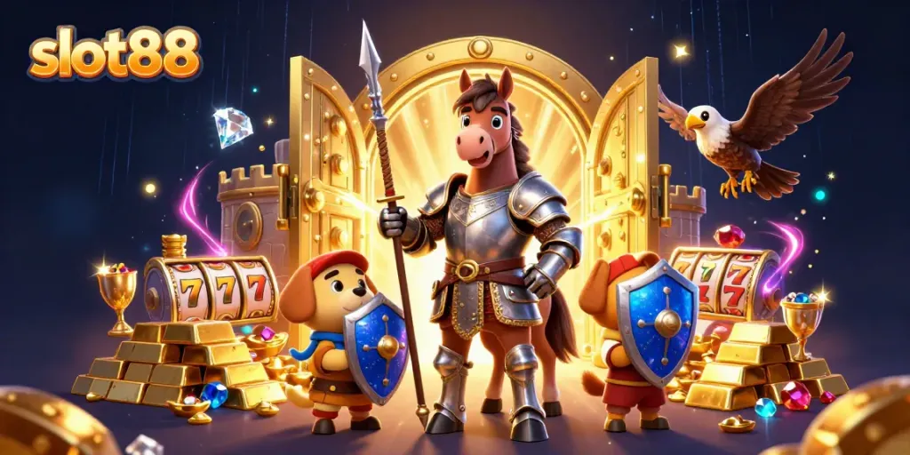 Experience the thrill of slot88 with medieval characters amidst treasure, jewels, and fiery energy.