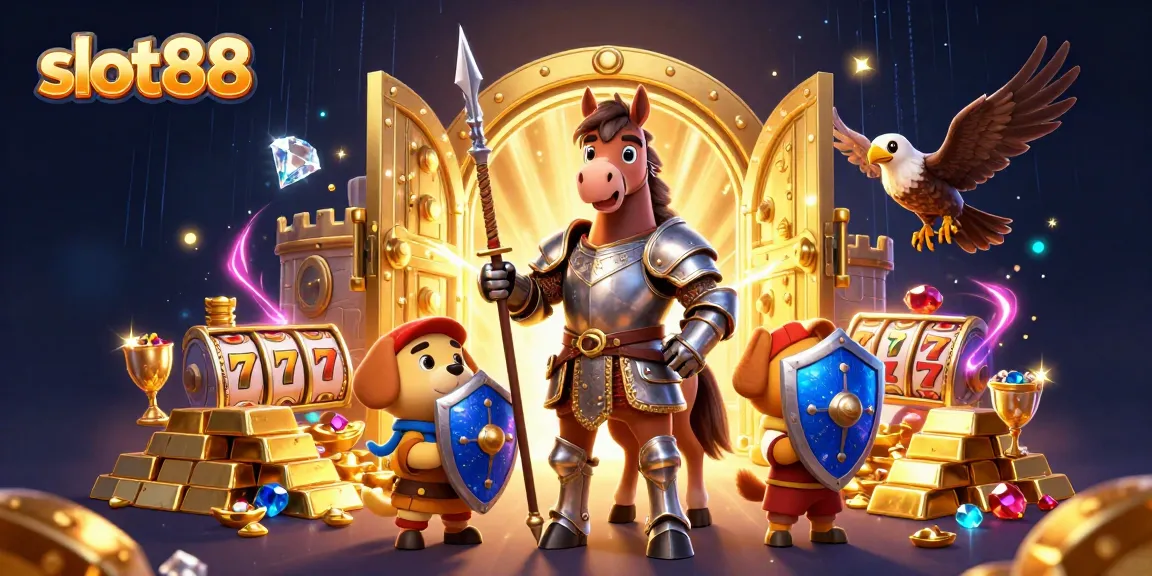 Experience the thrill of slot88 with medieval characters amidst treasure, jewels, and fiery energy.