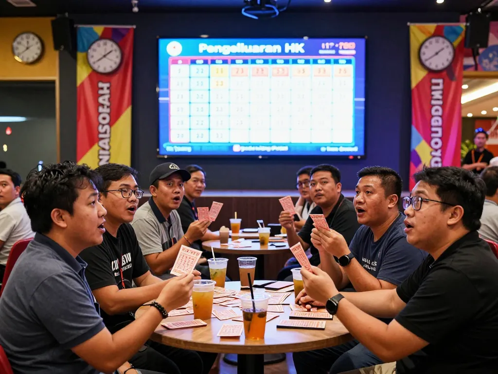 Pengeluaran HK live draw scene with excited players checking results and holding tickets at a vibrant venue.