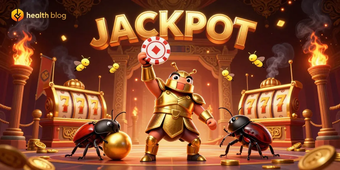 Enjoy exciting gaming action at this health blog-themed casino scene with vibrant characters and jackpot elements.