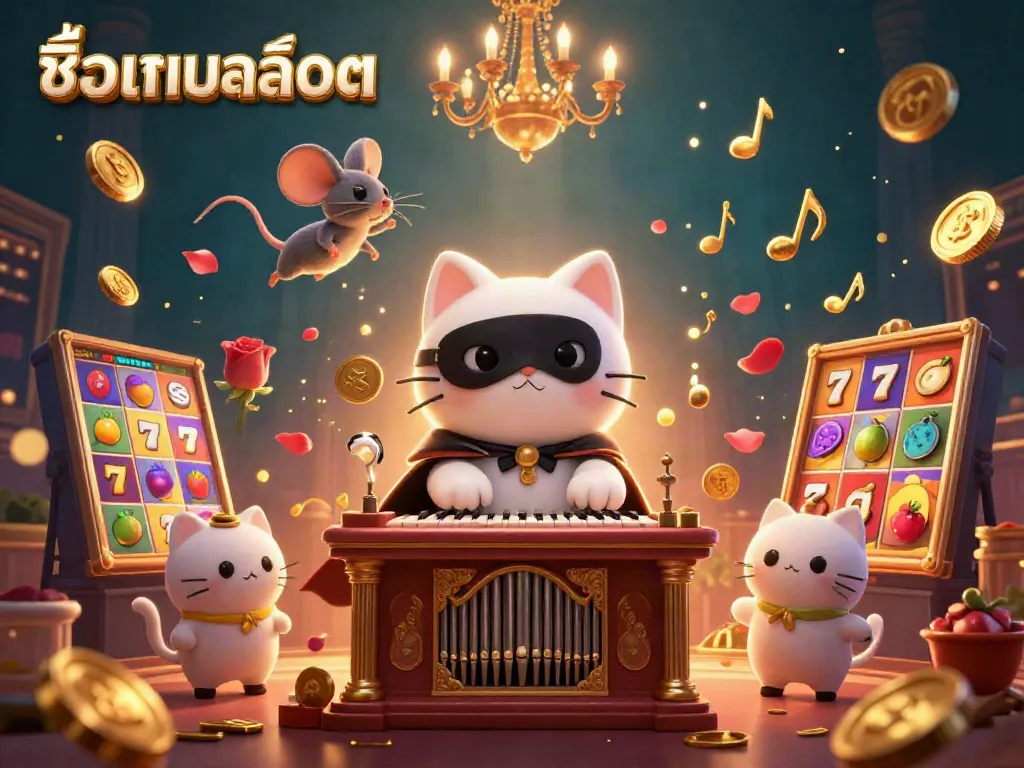 Experience the lively ambiance of ชื่อเกมสล็อต with this vibrant casino-themed illustration, featuring dynamic slot reels and energetic characters.