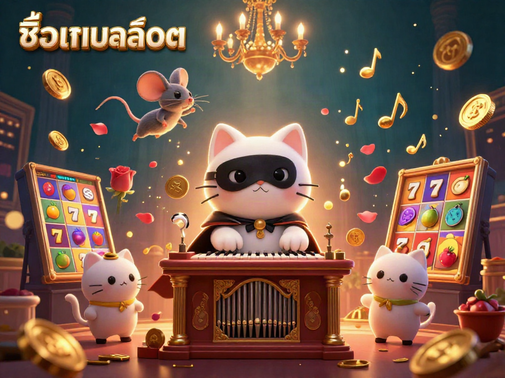 Experience the lively ambiance of ชื่อเกมสล็อต with this vibrant casino-themed illustration, featuring dynamic slot reels and energetic characters.