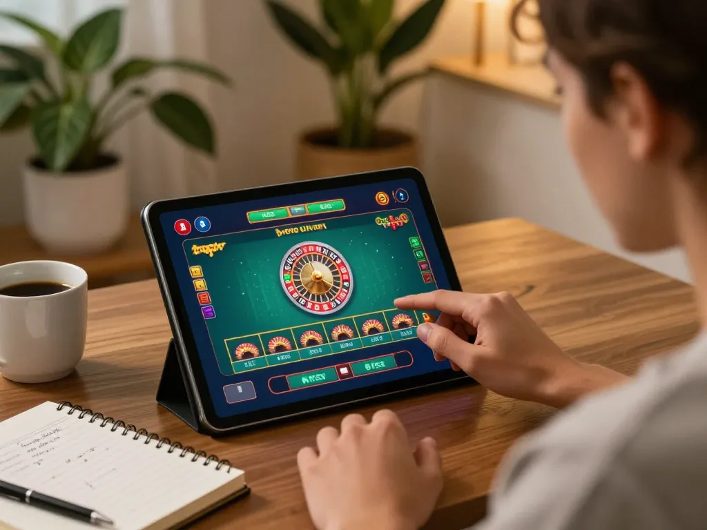 Engaging gameplay on sites not on gamstop in a cozy home setting with tablet and notes
