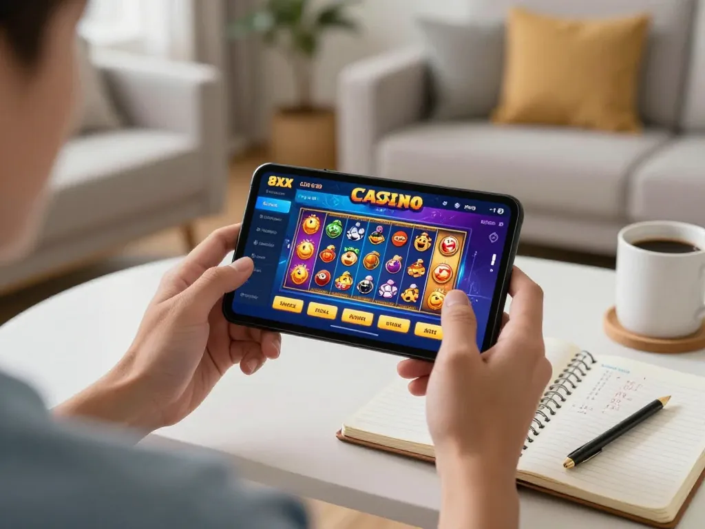 Engaging user experience on the 8xx casino app with colorful slots in a cozy home setting.