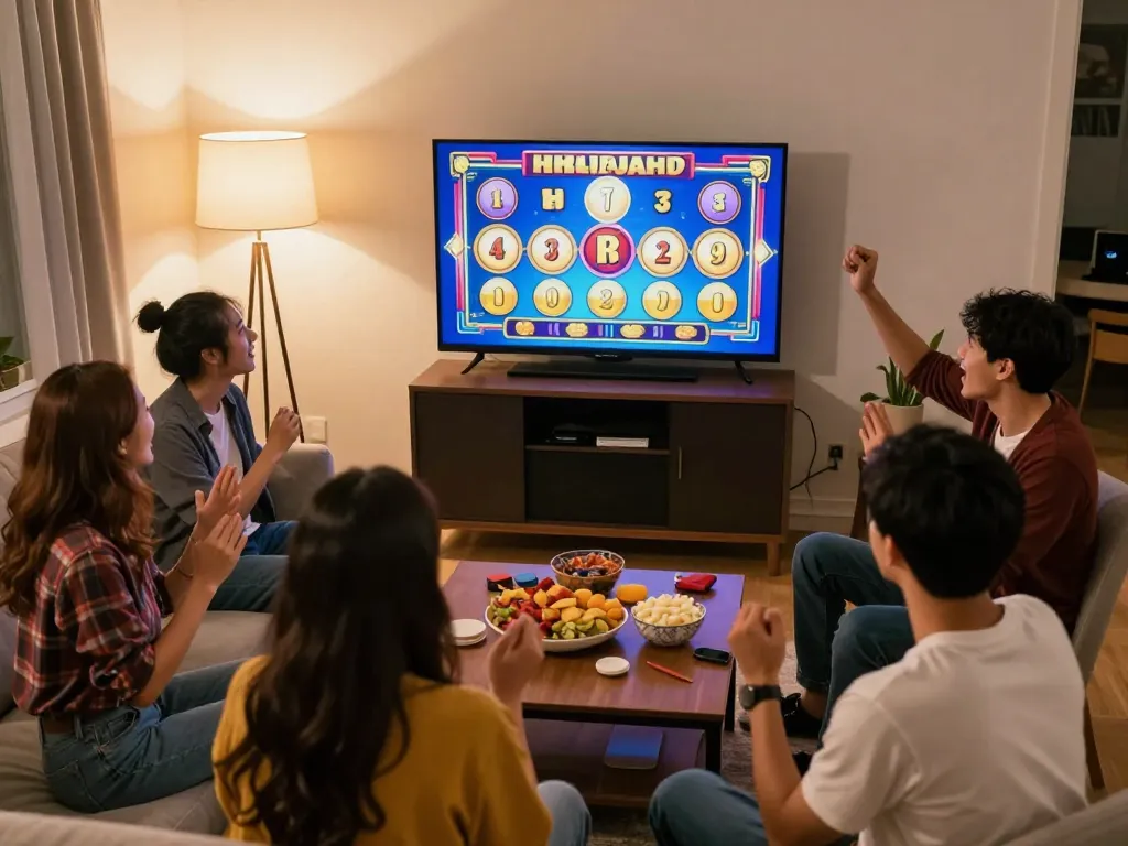 Engaged players celebrating wins on jus77 slots during a fun home gaming night