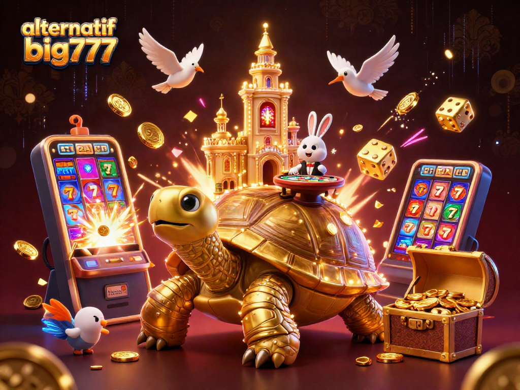 Experience alternatif big777 with a vibrant 3D casino scene featuring golden tortoise and dynamic slot elements.