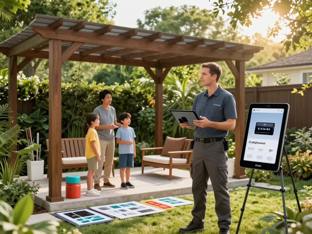 Family engaging with an All-in-One pergola Configurator in a lush garden setting, showcasing customizable design options.