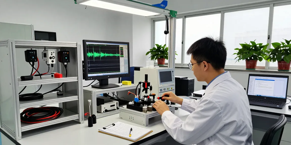 Geophone testing setup with technician in lab measuring seismic data