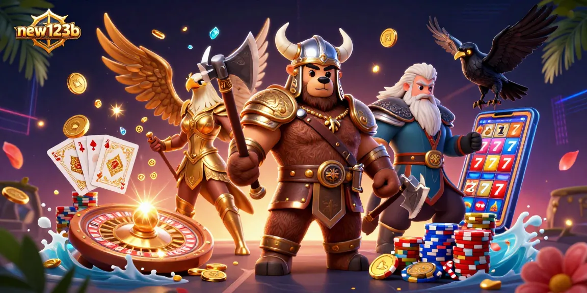 Experience new123b with dynamic casino action featuring 3D characters amidst golden coins and vibrant gaming elements.
