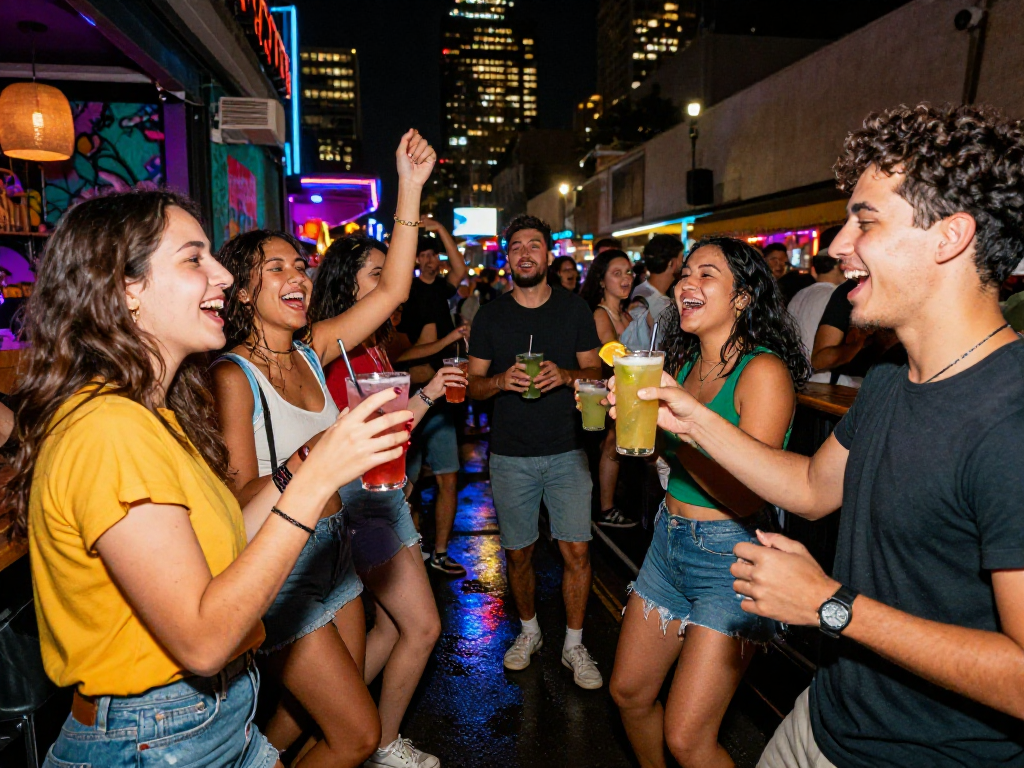 Friends enjoying colorful cocktails at a vibrant nightlife scene featuring rokok88 energy.