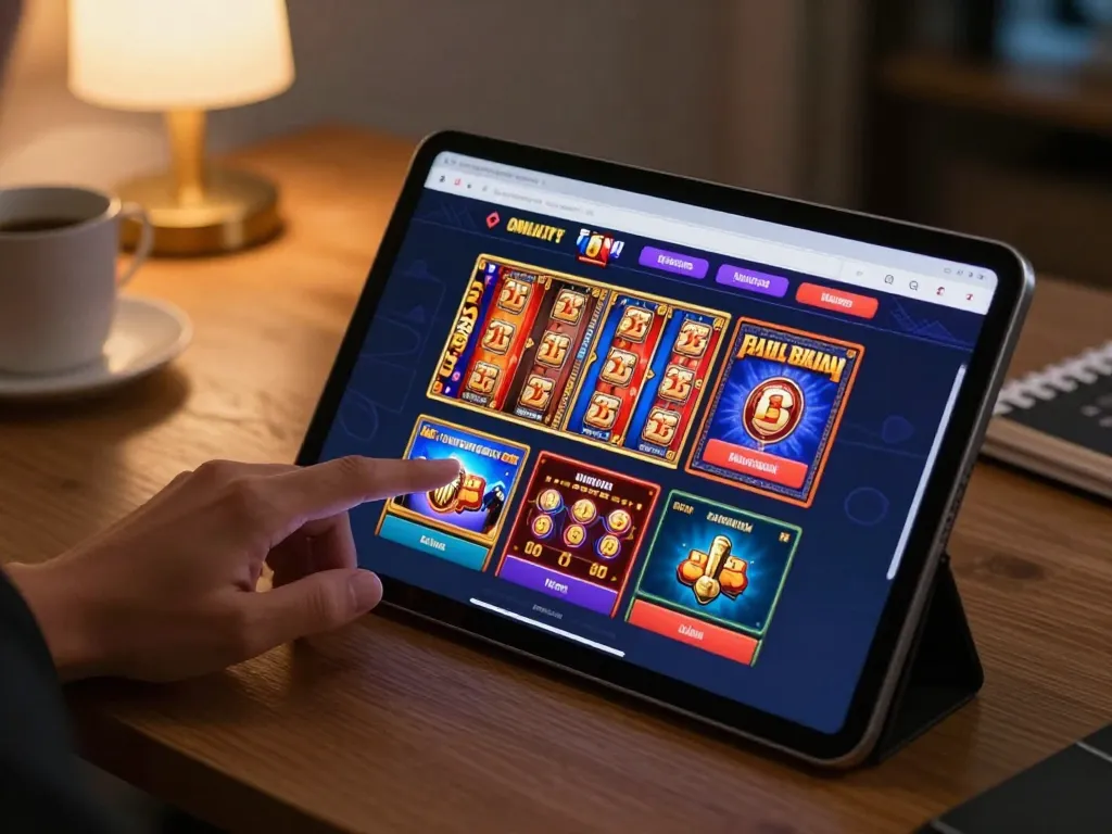 Playing vin88 on a tablet in a cozy home office, showcasing live dealer games and slots.