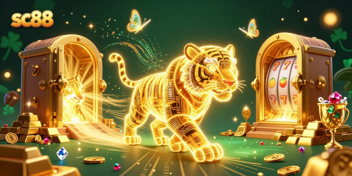 Experience the dazzling sc88 casino adventure with a golden tiger and vibrant slot reels!