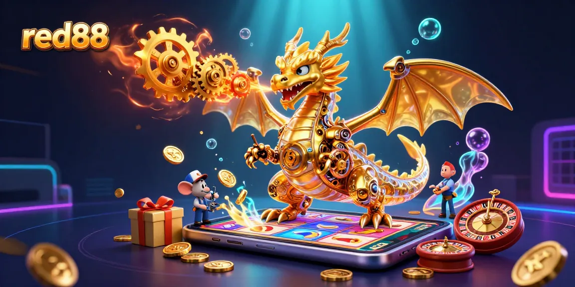 Experience red88's thrilling gameplay with a golden dragon and exciting casino elements in this vibrant scene