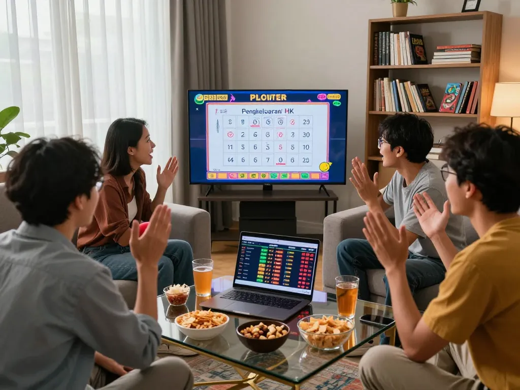Engaged friends cheering during Pengeluaran HK live draw, showcasing excitement and community in a modern living room.