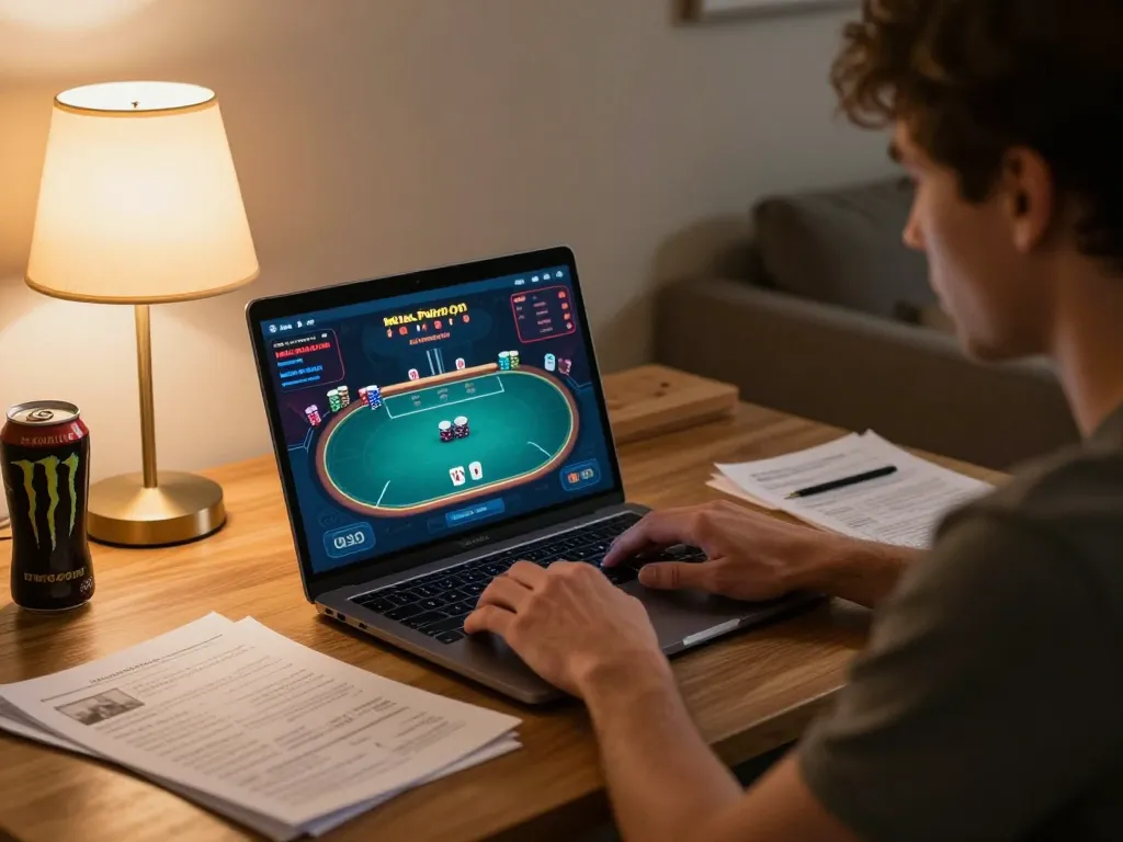 Play poker online at fabet with cozy home setup and strategic notes for better gameplay.