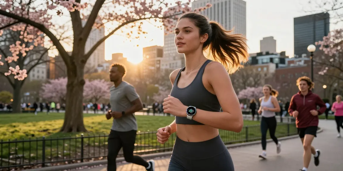Pengguna Fitbit Luxe di taman kota saat jogging, memantau kesehatan dengan teknologi terkini dari https://www.polarfitbitshop.com/fitbit-luxe/.