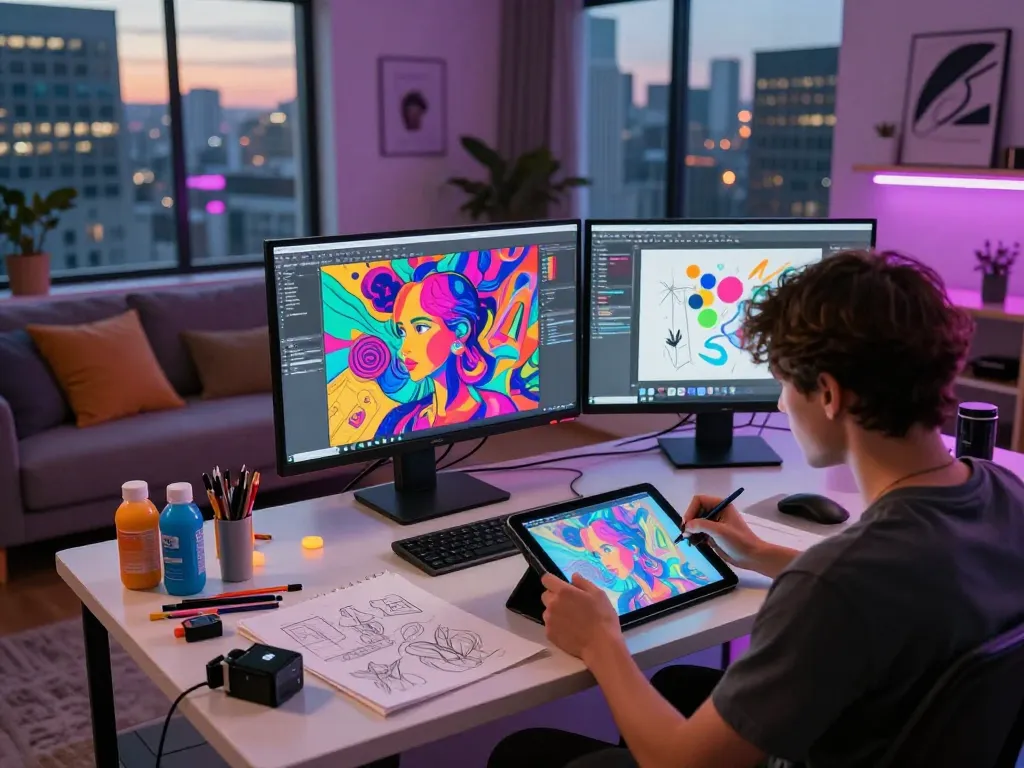 Creative artist designing NSFW AI images in a vibrant digital studio environment.