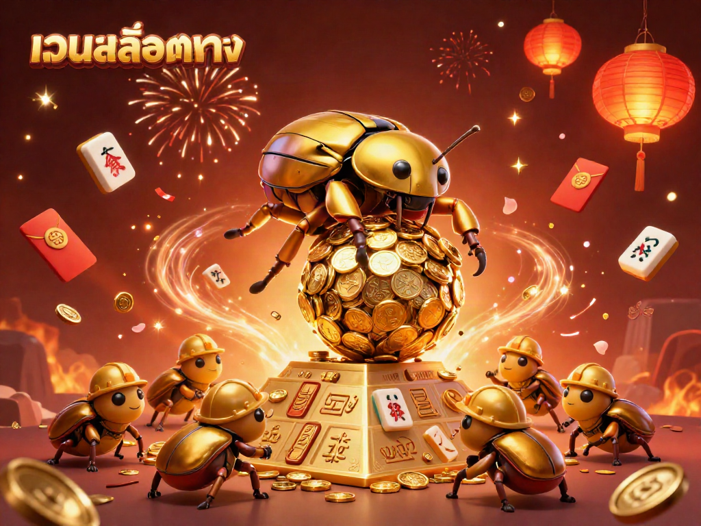 ภาพการ์ตูน 3 มิติของปีกแมลงทองคำขนาดใหญ่กำลังกลิ้งลูกบอลทำจากเหรียญทองขนาดใหญ่กับเบี้ยเลี้ยง