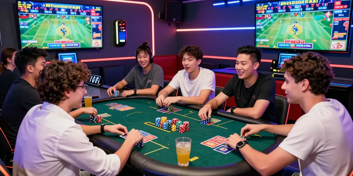 Friends enjoying rokok88 at a vibrant gaming lounge with excitement.